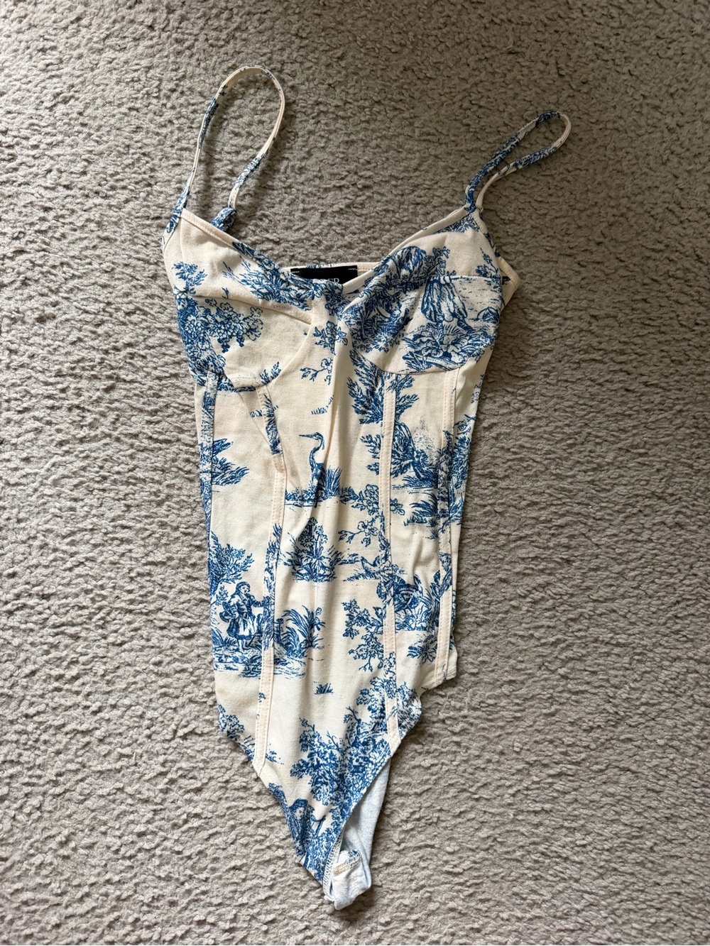 Cider Blue and Cream Toile Corset-Style Bodysuit